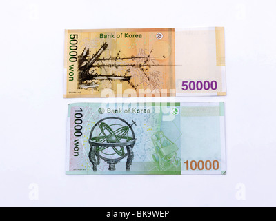 Südkorea-Banknoten 50000 Won und 10000 Won Stockfoto