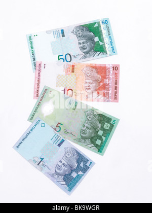 Malaysische Banknoten 50, 10, 5 und 1 Ringgit Stockfoto