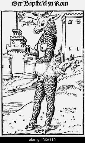 Ereignisse, Protestantische Reformation, anti-päpstliche Karikatur, der Pope-Donkey von Rom, Holzschnitt von Lucas Cranach dem älteren, 1523, Stockfoto