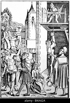 Gerechtigkeit, Folter, Zerkleinerung des Fingers, Verbrennen, Dehnen, Farbholzschnitt aus Laienspiegel von Ulrich Tengler, gedruckt von Johann Schoeffer, Mainz, 1508, Privatsammlung, Stockfoto