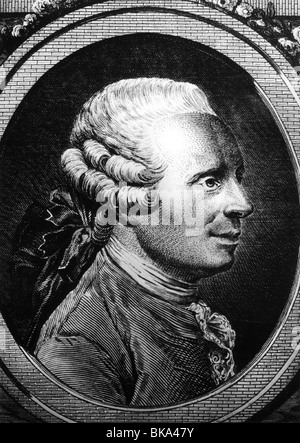 Alembert, Jean Le Rond d', 16.11.1717 - 19.10.1783, französischer Wissenschaftler (Mathematiker, Physiker), Mechanikers und Philosoph, Porträt, Seitenansicht in Oval, Kupferstich von Dupin nach A. Pujos, 1774, Artist's Urheberrecht nicht gelöscht werden Stockfoto