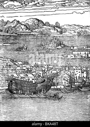 Geografie/Reise, Italien, Venedig, Arsenal (Waffenschmiede), Schiffbau auf der Werft, Holzschnitt der Reiseroute von Bernhard von Breidenbach, 1490, Stockfoto