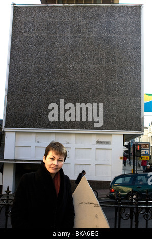 Caroline Lucas prospektive MP, Leiter fo die grüne Partei und Abgeordneter Werbetätigkeit in Brighton vor den Parlamentswahlen 2010. Stockfoto