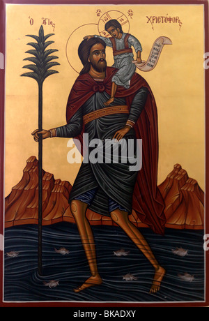 Arachova Attika-Griechenland-Symbol von Saint Christopher Märtyrer des Lycea tragen das Christkind In der Kirche Stockfoto