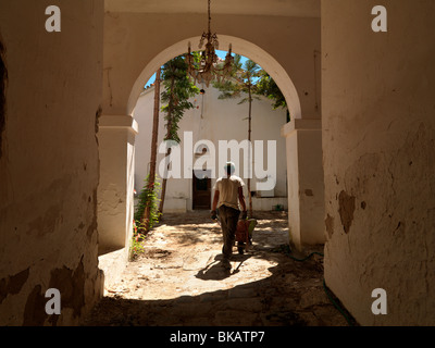 Samos Griechenland Agia Zoni Kloster EU finanzierten Restaurierung Arbeit Arbeiter Schubkarre schieben Stockfoto