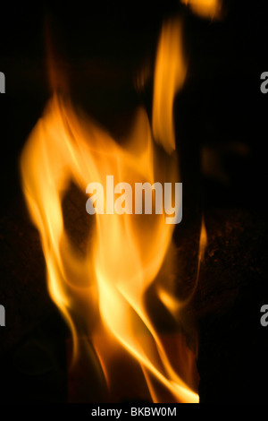 Orange Feuer brennende Flammen auf schwarzem Hintergrund Stockfoto