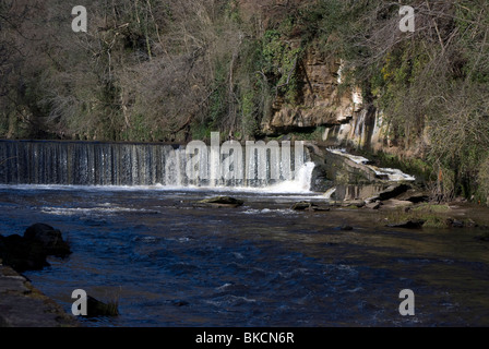 Das Wehr (Wasserfall) auf der Fluss-Mandel in der Nähe von Cramond, Edinburgh, Schottland. Stockfoto