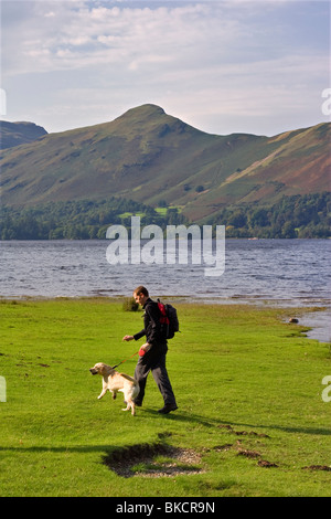 Spaziergang mit dem Hund am Ufer des Derwentwater im Lake District, Cumbria Stockfoto