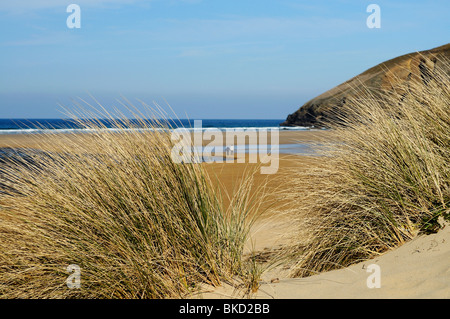 Sanddünen im Mawgan Porth Beach in der Nähe von Newquay in Cornwall, Großbritannien Stockfoto