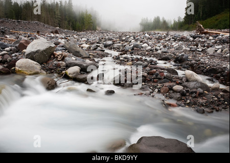 Felsigen Trümmern Becken der Nisqually Fluss fließt vom Gletscher schmelzen von Mount Rainier, Washington Stockfoto