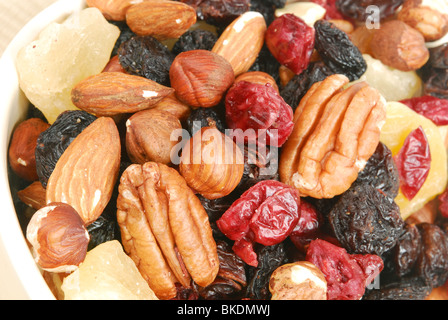 Früchten und Nüssen. Pekannüsse, Haselnüsse, Mandeln, getrocknete Cranberries, getrocknete Mango, Rosinen, getrocknete Aprikosen, getrocknete Ananas, Stockfoto