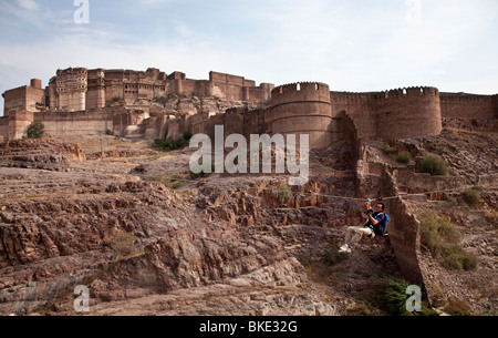 Eine neue Attraktion im Mehrangarh Fort Jodhpur Rajasthan, eine der größten Festungen in Indien ist der Flying Fox. Stockfoto