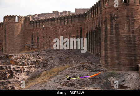 Eine neue Attraktion im Mehrangarh Fort Jodhpur Rajasthan, eine der größten Festungen in Indien ist der Flying Fox. Stockfoto