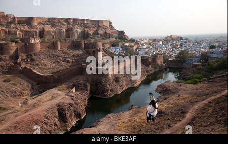 Eine neue Attraktion im Mehrangarh Fort Jodhpur Rajasthan, eine der größten Festungen in Indien ist der Flying Fox. Stockfoto