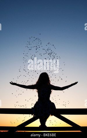 Junges Mädchen Spaß mit Stars sitzen auf ein Tor bei Sonnenuntergang. Silhouette Stockfoto