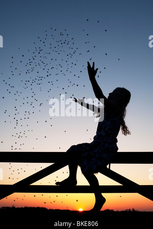 Junges Mädchen Spaß mit Stars sitzen auf ein Tor bei Sonnenuntergang. Silhouette Stockfoto