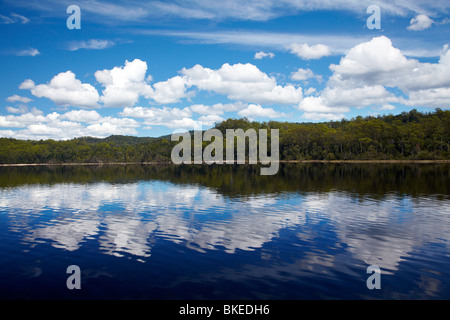 Reflexionen im Macquarie Harbour in der Nähe von Mund von Gordon River, Franklin - Gordon Wild Rivers National Park, Tasmanien, Australien Stockfoto
