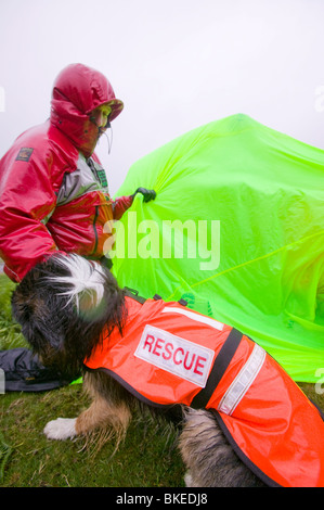 Suchen Sie Hundeführer als Mitglied des Langdale Ambleside Mountain Rescue Team auf eine Rettung an einem sehr regnerischen Tag. Stockfoto