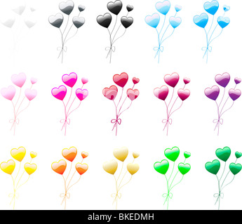 Satz von 15 bunte Luftballons in Herzform. Stockfoto