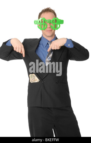 Mann mit Dollarzeichen Brille und Geld in der Tasche. Stockfoto