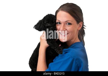 Tierarzthelferin Haustier Hund isoliert halten. Stockfoto