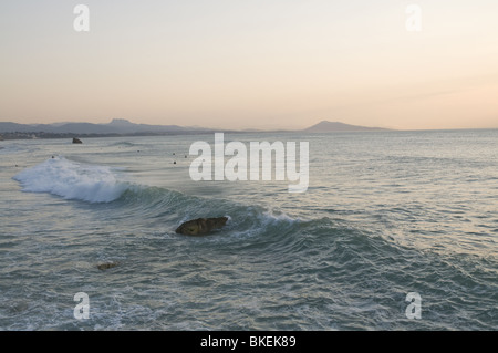 Miladys Strand in Biarritz in einem großen Wellen-Tag (Sommer) - Sonnenuntergang Stockfoto
