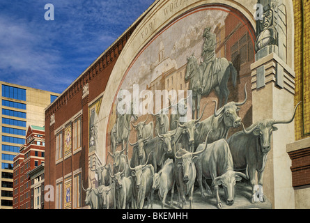 Chisholm Trail Cattle Drive Wandbild von Richard Haas am Sundance Square in Fort Worth, Texas, USA Stockfoto