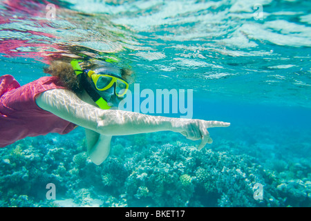 Eine Frau, Schnorcheln an einem Korallenriff in der Nähe von Dahab im Roten Meer-Ägypten Stockfoto