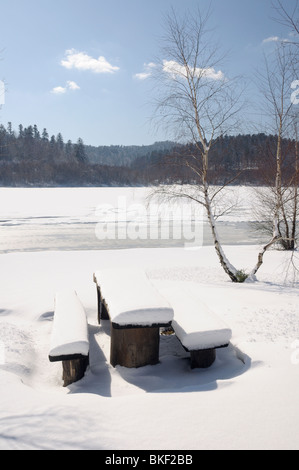 Hölzerne Picknick-Tisch neben zugefrorenen See, mit Schnee bedeckt, während der Winter Saison, Lepenicko See Fuzine, Gorski Kotar, Kroatien Stockfoto