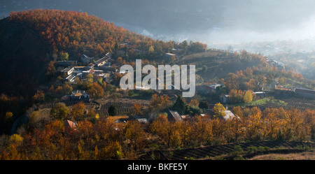 Birne Obstgärten in rote Herbstfärbung wie Morgenröte bricht in einem Dorf in Tibet in China. Stockfoto