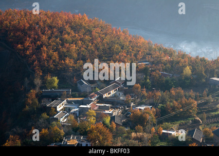 Birne Obstgärten in rote Herbstfärbung wie Morgenröte bricht in einem Dorf in Tibet in China. Stockfoto