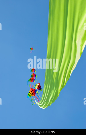 Ein sehr bunter Drachen mit sechs Köpfen und einem langen, lime Grünband schweben dahinter, aufgenommen auf dem Bristol Kite festival Stockfoto