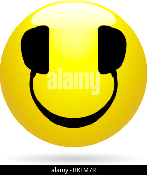 Glänzende Smiley-Symbol mit Kopfhörer anstelle von Augen und Mund Stockfoto