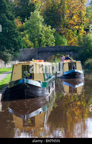 Narrowboat Kreuzfahrt auf Monmouthshire und Brecon Canal, Llangattock, Brecon Beacons National Park, Powys, Wales, UK. Stockfoto