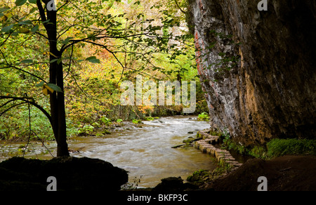 Fluss Wye mit Felsen sichtbar hinter Chee Dale in der Nähe von Bakewell im Peak District Nationalpark Derbyshire England Stockfoto