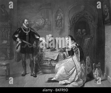 Vintage print c1848 Darstellung katholischen Königin Mary I von England, die Unterzeichnung des Todes protestantische Cousine Lady Jane Grey zu rechtfertigen. Stockfoto