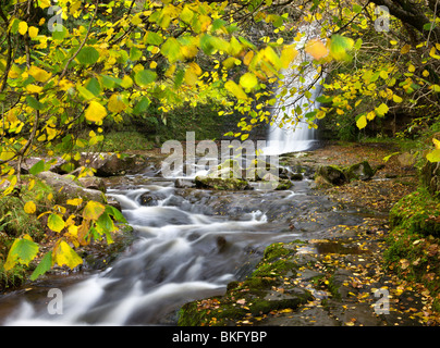 Wasserfall auf den Fluss Caerfanell an Blaen-y-Glyn, Brecon Beacons National Park, Powys, Wales, UK. Herbst (Oktober) 2009 Stockfoto