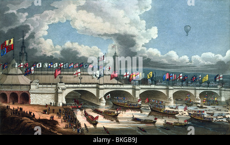 Zeitgenössische Farbe drucken mit der Eröffnung der New London Bridge über die Themse auf 1. August 1831 Gravur. Stockfoto