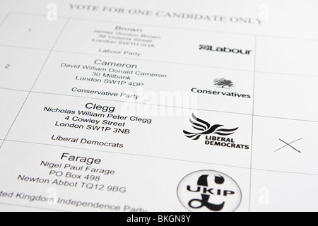 Mock-up der britische allgemeine Wahl Urabstimmung Papier zeigt für die Liberal Democrats / Nick Clegg Stockfoto