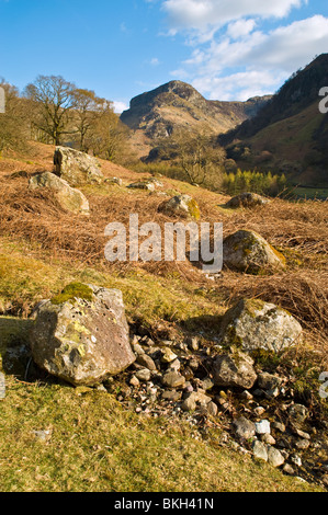 Das Stonethwaite Tal, ein Zweig der Borrowdale im englischen Lake District, mit Blick auf Eagle Crag Stockfoto