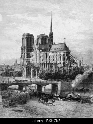 Vintage Radierung Print ca. 1870 s / 1880er Jahre Kathedrale Notre Dame in Paris, Frankreich, wie es im späten 19. Jahrhundert erschienen. Stockfoto