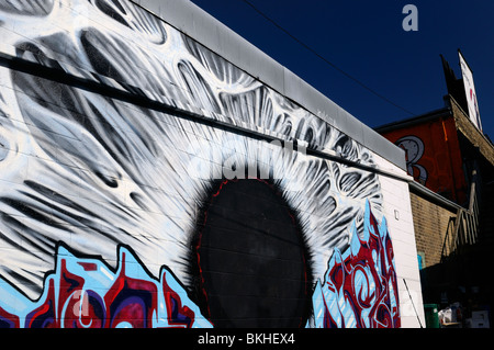 Graffiti-Kunst von Iris und Pupille mit Tag in Gasse passend eine Werbetafel vor blauem Himmel Stockfoto