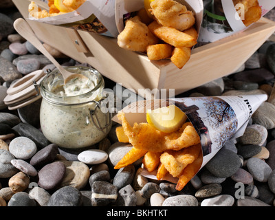Dover sole Goujons und Chips am Meer Stockfoto