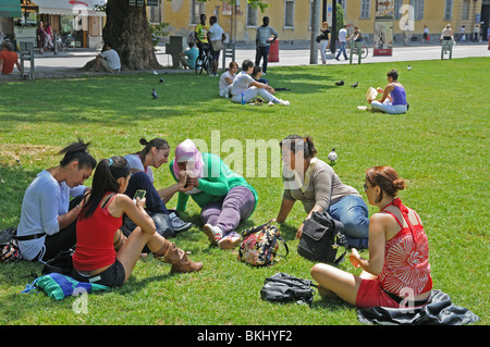 Junge Leute und Studenten unter Bäumen auf grünen Rasenflächen im öffentlichen Park Piazza della Pace-Parma-Italien Stockfoto