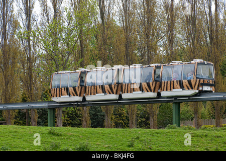 Einschienenbahn gemalt mit Tigerstreifen führt Besucher auf dem Gelände der Zoo von Chester in England Stockfoto