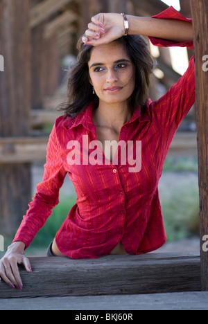 Eine schöne junge (Ost-) indische Frau lehnt sich auf einem Holzbalken und sieht hinter der Kamera, suchen ruhige Stockfoto