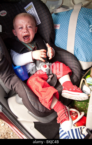 Baby Junge (1 Jahr alt) in einem Autositz für mehr Schokolade mit einem schmutzigen Mund schreien. Stockfoto