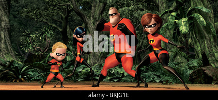 DIE UNGLAUBLICHEN (2004) KREDIT-ANIMATION DASH (CHARAKTER), VIOLET (CHARAKTER), HERR UNGLAUBLICHE (CHARAKTER), ELASTIGIRL (CHARAKTER) Stockfoto