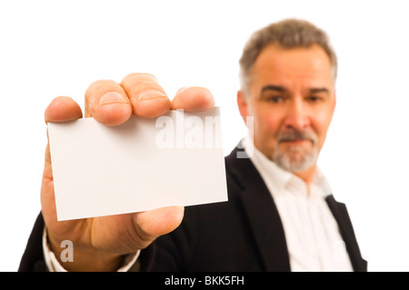 Business-Mann zeigt seine Visitenkarte - fügen Sie einfach Ihren Text! Stockfoto