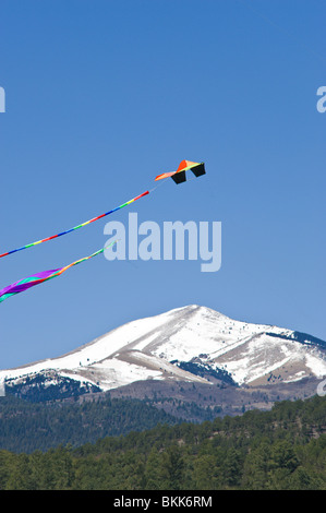Segelfliegen über schneebedeckten Sierra Blanca, füllen fliegenden Kunstskulpturen den Himmel in Ruidoso Drachenfest in Ruidoso, New Mexico. Stockfoto